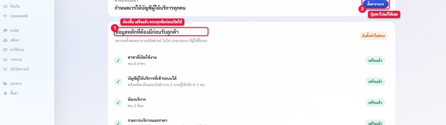 บล็อกข้อมูลหลักที่ต้องมีก่อนรับลูกค้า พร้อมสถานะแต่ละรายการ